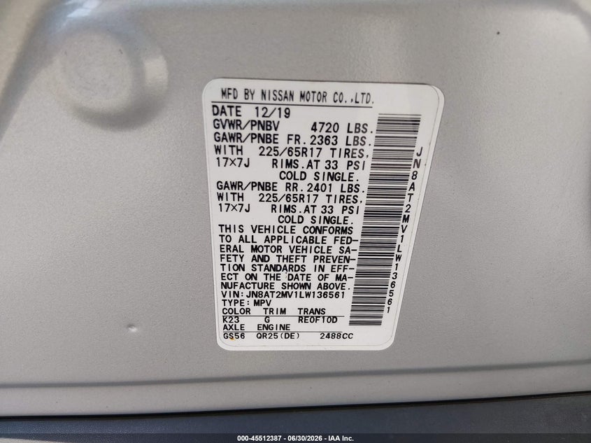 2020 Nissan Rogue VIN JN8AT2MV1LW136561 IAAI salvage auction — FRONT END, Salvage (Idaho), sold $2,050 on 2026-07-20 (photo 9)