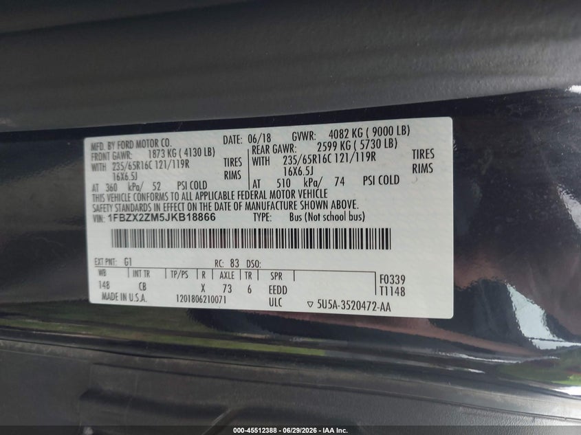 2018 Ford Transit-350 VIN 1FBZX2ZM5JKB18866 IAAI salvage auction — NORMAL WEAR, SF97 (Virginia), sold $20,250 on 2026-07-22 (photo 9)