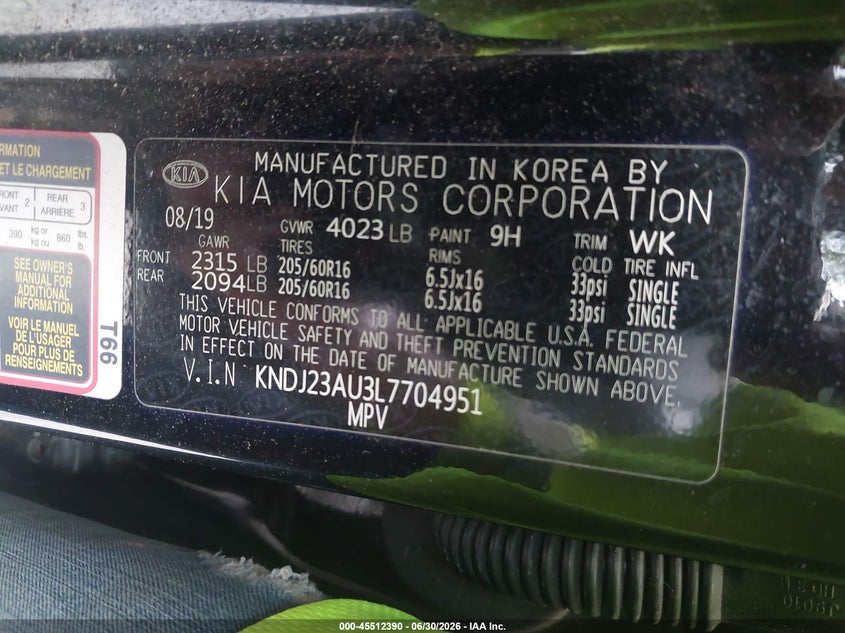 2020 Kia Soul VIN KNDJ23AU3L7704951 IAAI salvage auction — SIDE, Certificate Of Destruction (Florida), sold $2,100 on 2026-07-10 (photo 9)