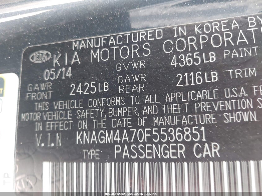2015 Kia Optima VIN KNAGM4A70F5536851 IAAI salvage auction — NORMAL WEAR, Original (Texas), sold $900 on 2026-07-20 (photo 9)