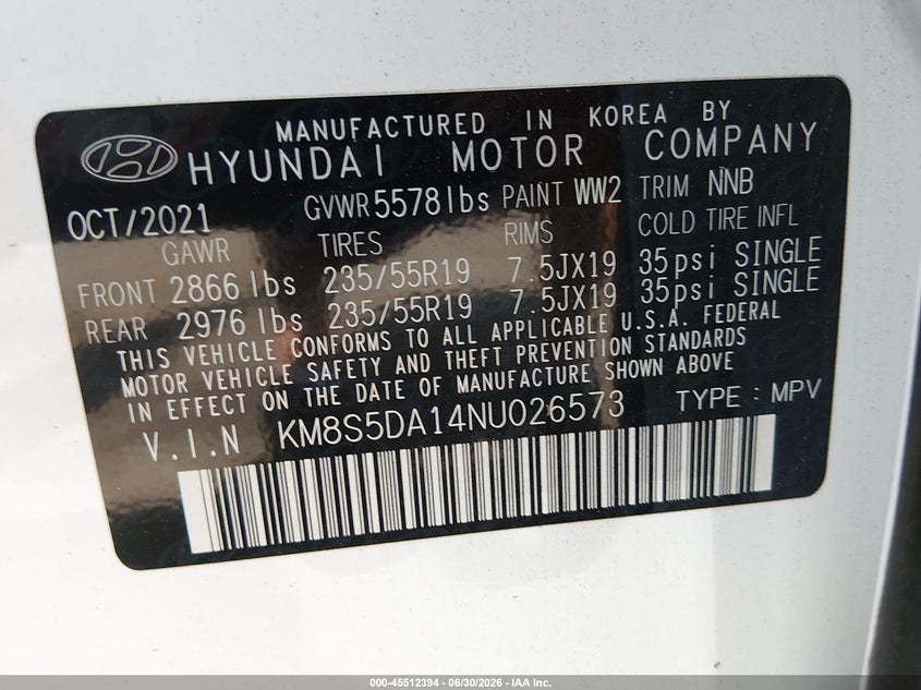 2022 Hyundai Santa fe VIN KM8S5DA14NU026573 IAAI salvage auction — RIGHT SIDE, Salvage (Pennsylvania), sold $10,900 on 2026-07-24 (photo 9)