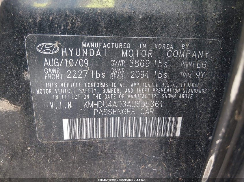 2010 Hyundai Elantra VIN KMHDU4AD3AU855361 IAAI salvage auction — NORMAL WEAR, Clear (Tennessee), sold $700 on 2026-07-22 (photo 9)