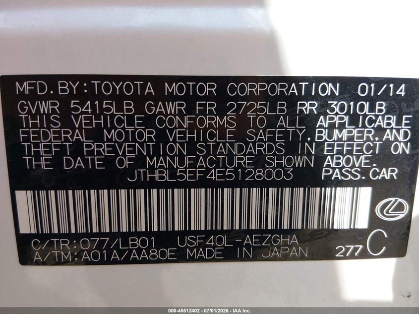 2014 Lexus Ls VIN JTHBL5EF4E5128003 IAAI salvage auction — REAR END, Salvage Title, sold $3,650 on 2026-07-25 (photo 9)