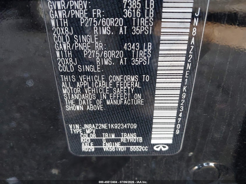 2019 Infiniti Qx80 VIN JN8AZ2NE1K9234709 IAAI salvage auction — FRONT END, Salvage Title, sold $5,800 on 2026-08-21 (photo 9)
