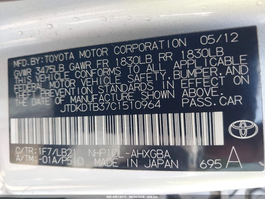 2012 Toyota Prius c VIN JTDKDTB37C1510964 IAAI salvage auction — LEFT REAR, Salvage - Greater Than 75% (Maryland), sold $975 on 2026-07-23 (photo 9)