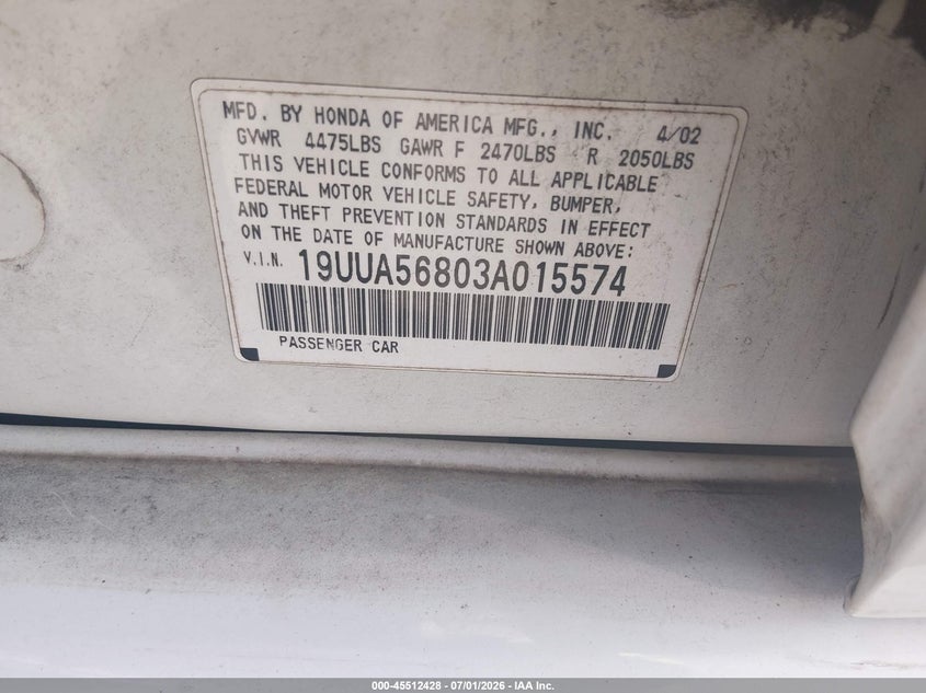 2003 Acura Tl VIN 19UUA56803A015574 IAAI salvage auction — FRONT & REAR, Original (Texas), sold $225 on 2026-07-10 (photo 9)
