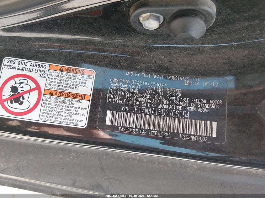 2013 Scion Fr-s VIN JF1ZNAA18D2706154 IAAI salvage auction — FRONT END, Salvage (Tennessee), sold $325 on 2026-07-30 (photo 9)