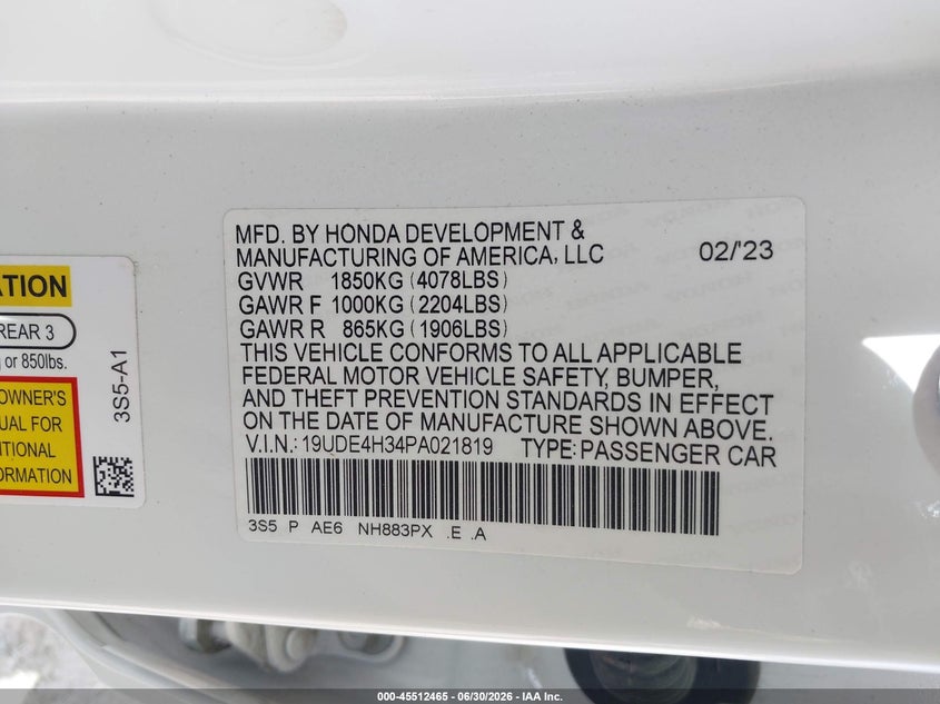 2023 Acura Integra VIN 19UDE4H34PA021819 IAAI salvage auction — LEFT REAR, Salvage Title, sold $9,200 on 2026-08-19 (photo 9)