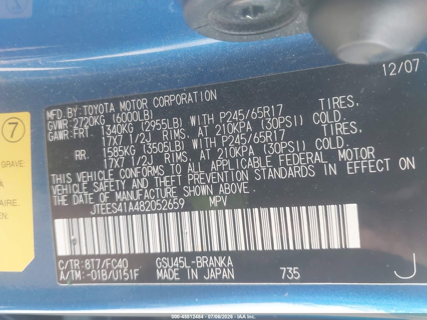 2008 Toyota Highlander VIN JTEES41A482052659 IAAI salvage auction — NORMAL WEAR, Clear (Utah), sold $825 on 2026-07-09 (photo 9)