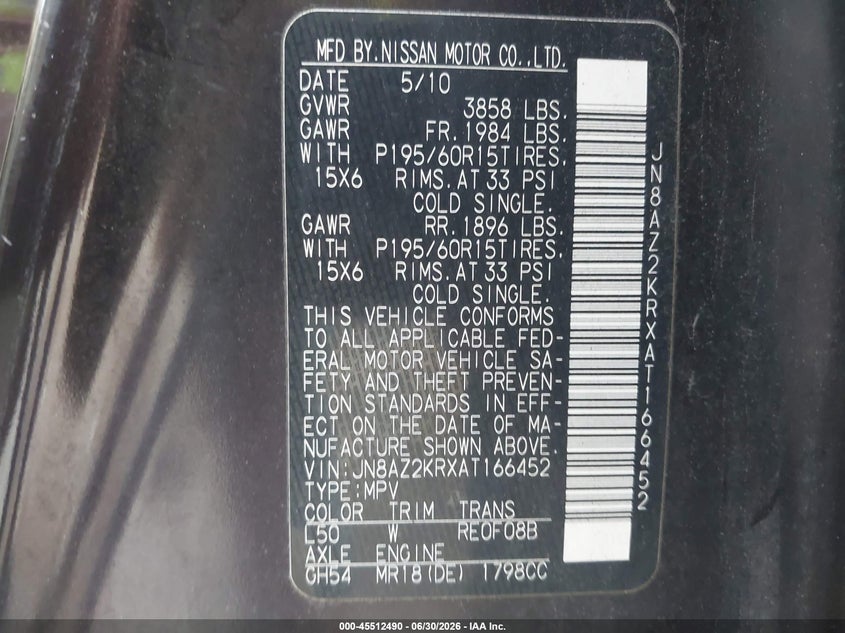 2010 Nissan Cube VIN JN8AZ2KRXAT166452 IAAI salvage auction — REAR END, Junk Bill Of Sale Mv2459 (Wisconsin), sold $25 on 2026-07-23 (photo 9)