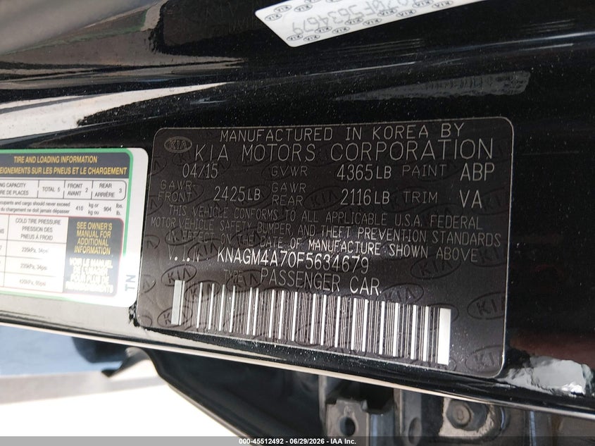2015 Kia Optima VIN KNAGM4A70F5634679 IAAI salvage auction — NORMAL WEAR, Clear (Texas), sold $625 on 2026-07-16 (photo 9)
