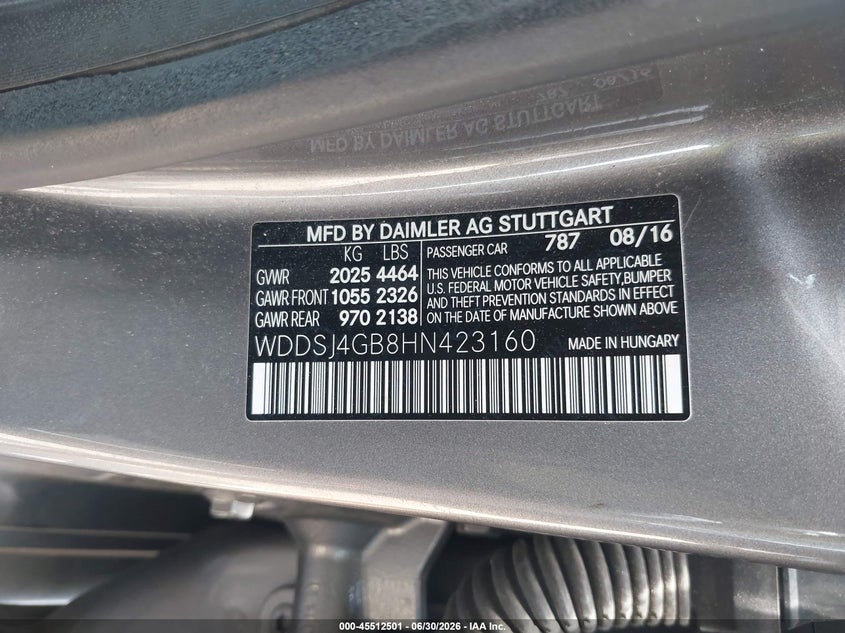 2017 Mercedes-benz Cla-klasse VIN WDDSJ4GB8HN423160 IAAI salvage auction — FRONT & REAR, Salvage (Pennsylvania), sold $725 on 2026-07-31 (photo 9)