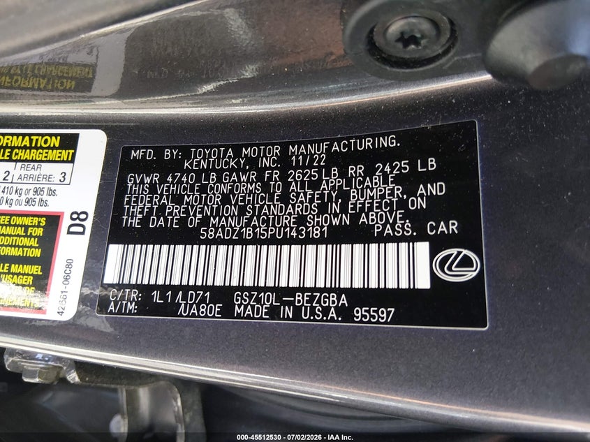 2023 Lexus ES VIN 58ADZ1B15PU143181 IAAI salvage auction — RIGHT FRONT, Salvage (North Carolina), sold $15,600 on 2026-07-29 (photo 9)