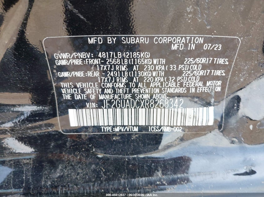 2024 Subaru Xv VIN JF2GUADCXR8268342 IAAI salvage auction — SIDE, Salvage Title, sold $8,900 on 2026-07-12 (photo 9)