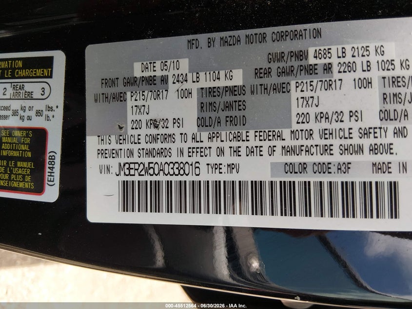 2010 Mazda Cx-7 VIN JM3ER2W50A0338016 IAAI salvage auction — FRONT END, Salvage (Ohio), sold $25 on 2026-07-21 (photo 9)
