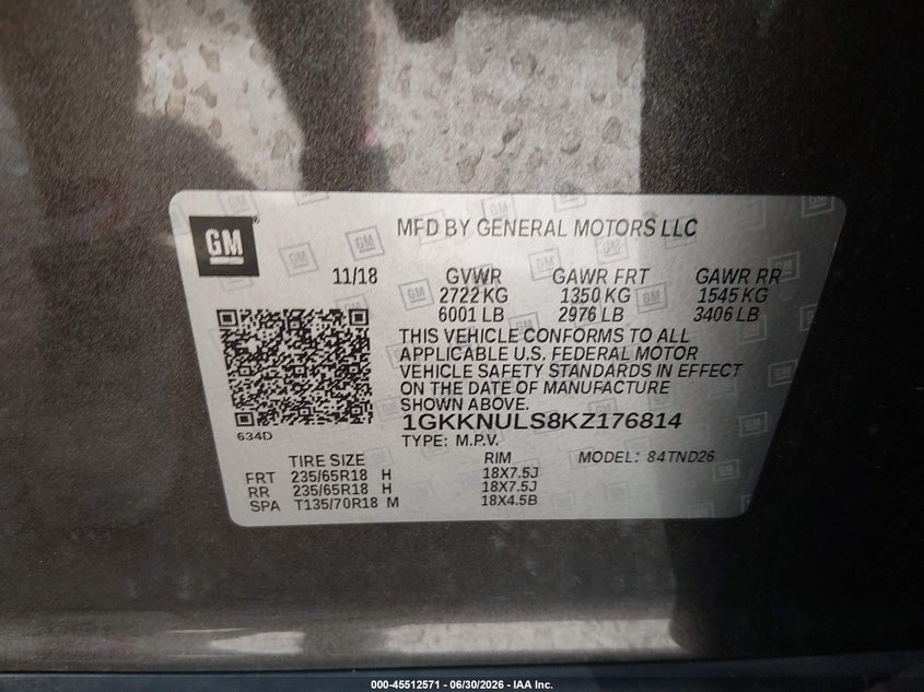 2019 Gmc Acadia VIN 1GKKNULS8KZ176814 IAAI salvage auction — RIGHT FRONT, Clear (Indiana), sold $7,600 on 2026-08-26 (photo 9)