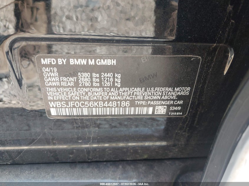 2019 BMW M5 VIN WBSJF0C56KB448186 IAAI salvage auction — LEFT SIDE, Salvage (Illinois), sold $17,500 on 2026-07-29 (photo 9)