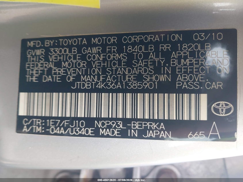 2010 Toyota Yaris VIN JTDBT4K36A1385901 IAAI salvage auction — NORMAL WEAR, Original (Maine), sold $725 on 2026-07-10 (photo 9)