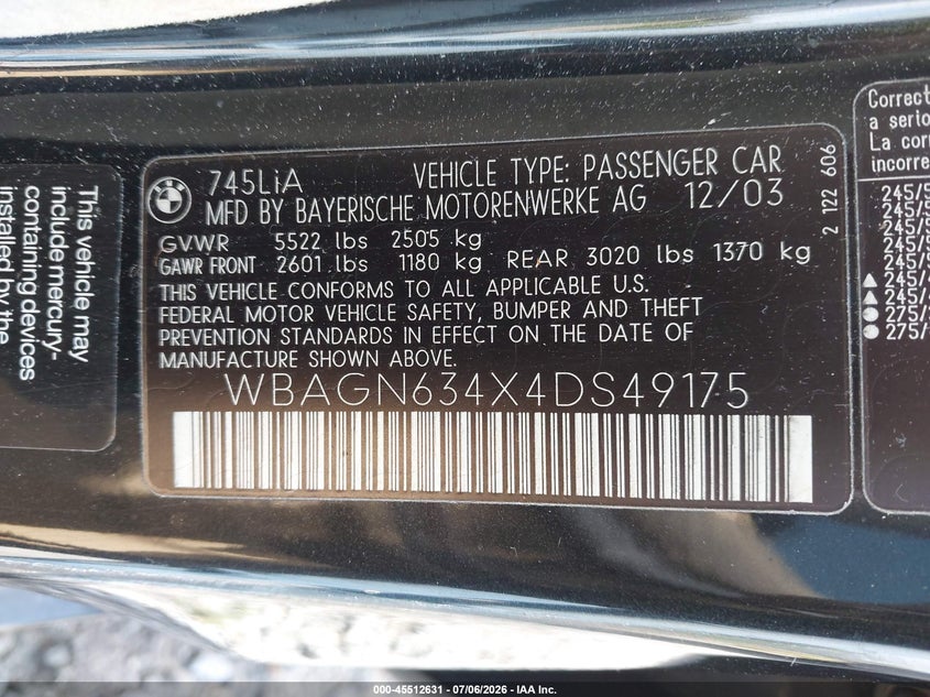 2004 BMW 7 series VIN WBAGN634X4DS49175 IAAI salvage auction — RIGHT SIDE, Rebuildable (Florida), sold $25 on 2026-07-21 (photo 9)