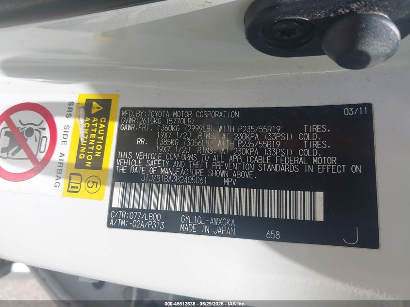 2011 Lexus Rx 450h VIN JTJZB1BA3B2405061 IAAI salvage auction — NORMAL WEAR, Clear (Georgia), sold $2,550 on 2026-07-15 (photo 9)