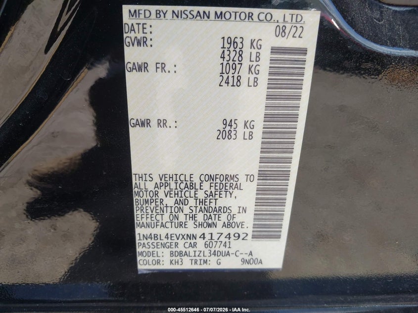 2022 Nissan Altima VIN 1N4BL4EVXNN417492 IAAI salvage auction — WATER/FLOOD, Salvage (Texas), sold $6,200 on 2026-08-02 (photo 9)