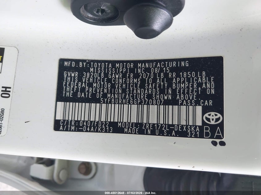 2016 Toyota Corolla VIN 5YFBURHE6GP370807 IAAI salvage auction — REAR END, Salvage Title, sold $2,850 on 2026-07-21 (photo 9)