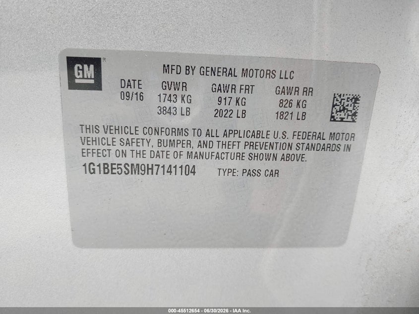 2017 Chevrolet Cruze VIN 1G1BE5SM9H7141104 IAAI salvage auction — FRONT END, Salvage (North Carolina), sold $50 on 2026-09-10 (photo 9)