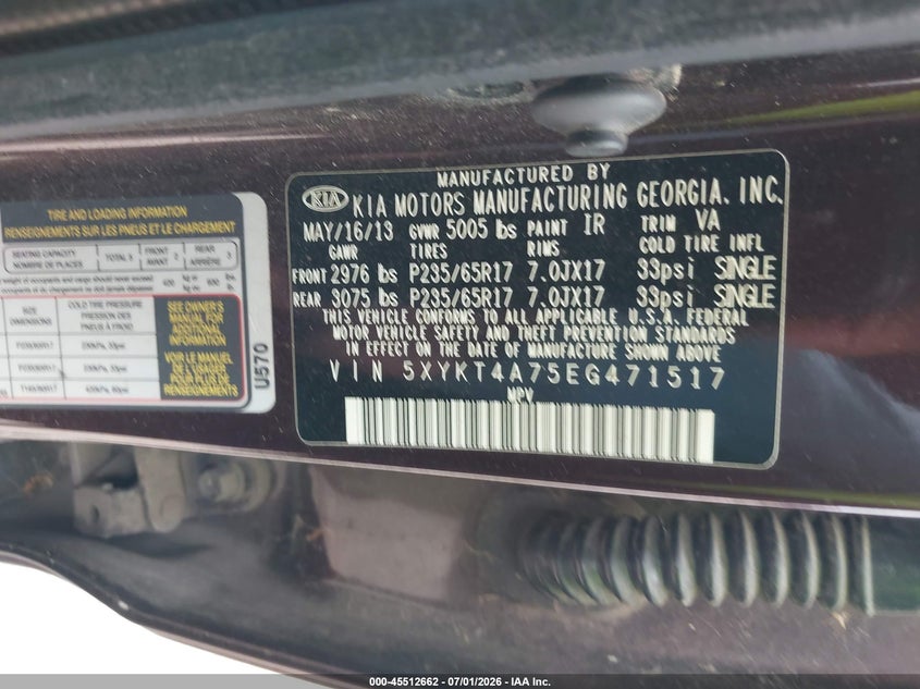 2014 Kia Sorento VIN 5XYKT4A75EG471517 IAAI salvage auction — NORMAL WEAR, Original (Texas), sold $1,050 on 2026-07-22 (photo 9)