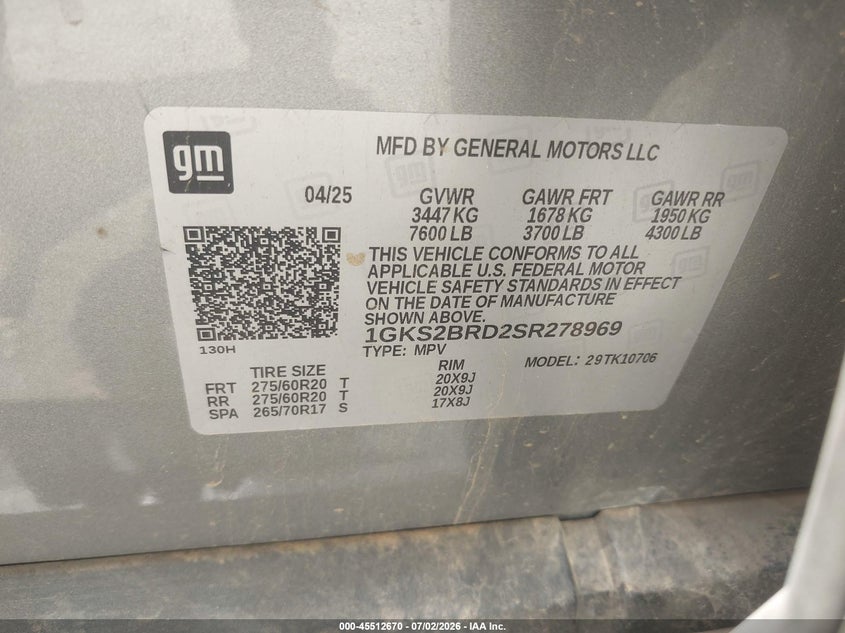 2025 Gmc Yukon VIN 1GKS2BRD2SR278969 IAAI salvage auction — RIGHT SIDE, Salvage Title, sold $39,000 on 2026-08-24 (photo 9)