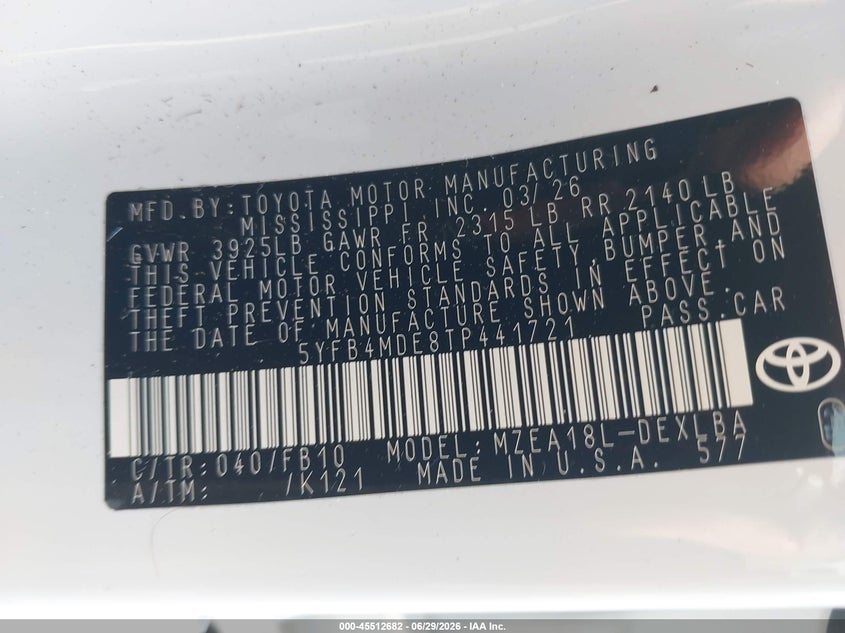 2026 Toyota Corolla VIN 5YFB4MDE8TP441721 IAAI salvage auction — FRONT END, Salvage Title, sold $5,100 on 2026-07-28 (photo 9)