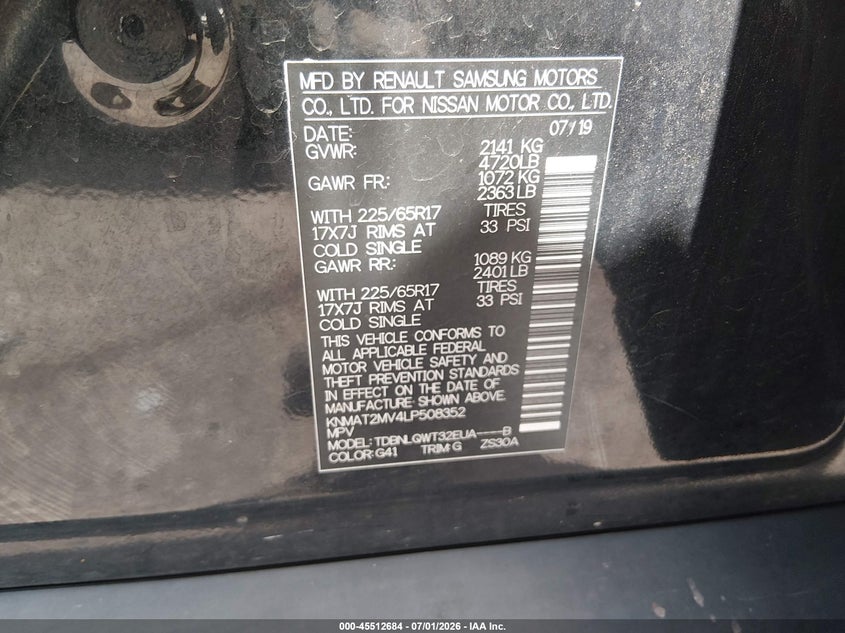 2020 Nissan Rogue VIN KNMAT2MV4LP508352 IAAI salvage auction — FRONT END, Salvage (Ohio), sold $100 on 2026-07-28 (photo 9)