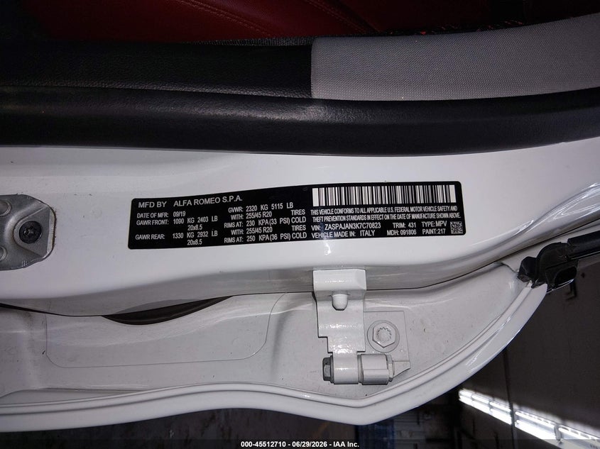2019 Alfa romeo Stelvio VIN ZASPAJAN3K7C70823 IAAI salvage auction — FRONT END, Salvage (Arizona), sold $4,050 on 2026-07-27 (photo 9)
