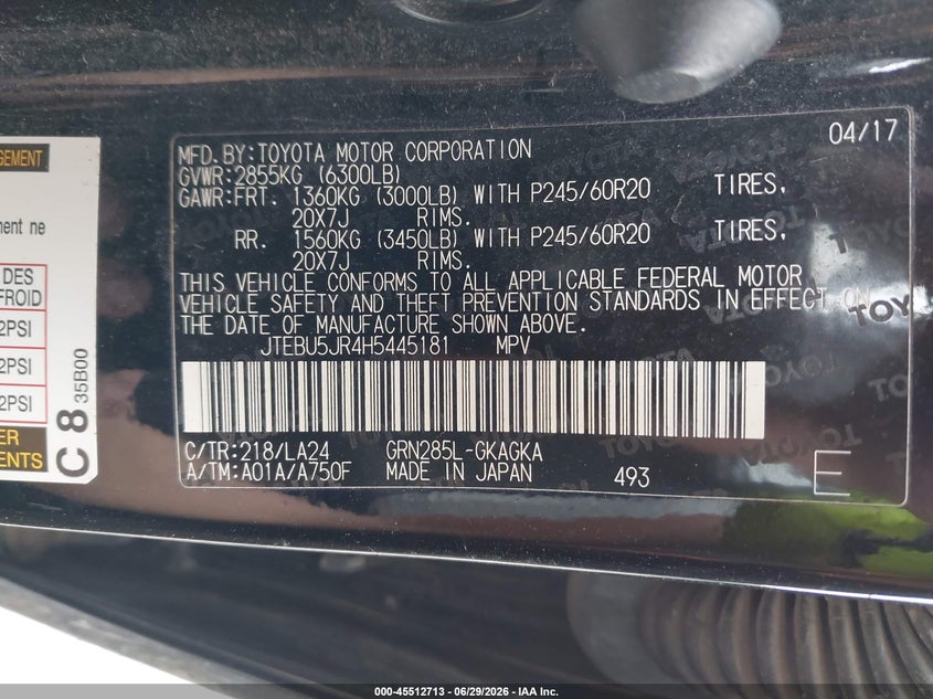 2017 Toyota 4runner VIN JTEBU5JR4H5445181 IAAI salvage auction — ROLLOVER, Salvage Title, sold $5,100 on 2026-07-28 (photo 9)