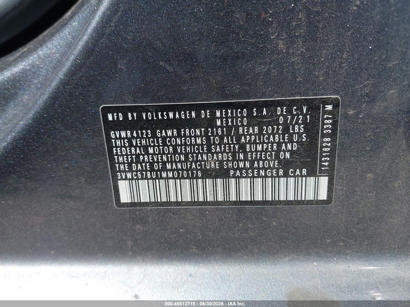 2021 Volkswagen Jetta VIN 3VWC57BU1MM070176 IAAI salvage auction — FRONT END, Salvage (Ohio), sold $4,450 on 2026-07-23 (photo 9)