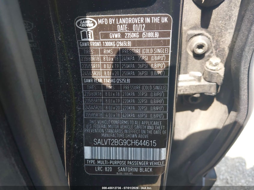 2012 Land rover Range rover evoque VIN SALVT2BG9CH644615 IAAI salvage auction — NORMAL WEAR, Clear (New Jersey), sold $625 on 2026-07-09 (photo 9)