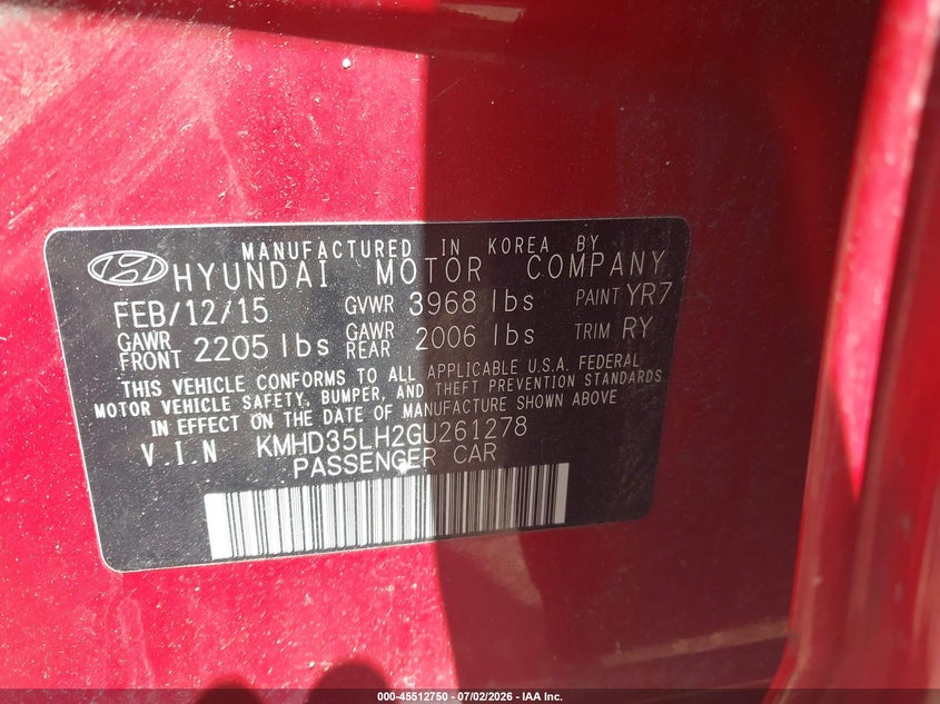2016 Hyundai Elantra VIN KMHD35LH2GU261278 IAAI salvage auction — NORMAL WEAR, Clear (New York), sold $575 on 2026-07-28 (photo 9)