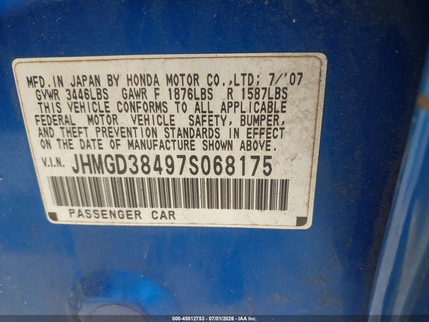 2007 Honda Fit VIN JHMGD38497S068175 IAAI salvage auction — NORMAL WEAR, Clear (New York), sold $650 on 2026-07-29 (photo 9)