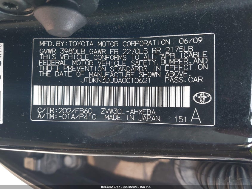 2010 Toyota Prius VIN JTDKN3DU0A0010621 IAAI salvage auction — FRONT END, Mv-907A (New York), sold $650 on 2026-07-21 (photo 9)
