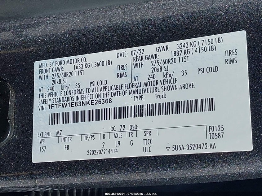 2022 Ford F-150 VIN 1FTFW1E83NKE26368 IAAI salvage auction — LEFT FRONT, Salvage (California), sold $11,300 on 2026-07-29 (photo 9)