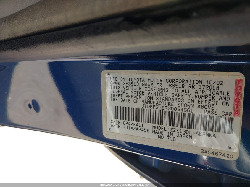 2003 Toyota Corolla VIN JTDBR32E730034661 IAAI salvage auction — MECHANICAL, Clear (Florida), sold $800 on 2026-07-15 (photo 9)