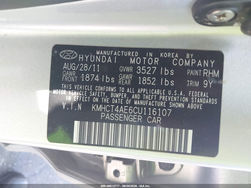 2012 Hyundai Accent VIN KMHCT4AE6CU116107 IAAI salvage auction — FRONT END, Rebuildable (Florida), sold $25 on 2026-07-16 (photo 9)