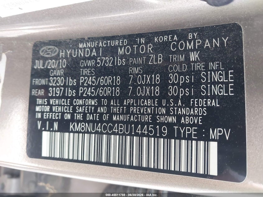 2011 Hyundai Veracruz VIN KM8NU4CC4BU144519 IAAI salvage auction — NORMAL WEAR, Clear (Tennessee), sold $75 on 2026-07-28 (photo 9)