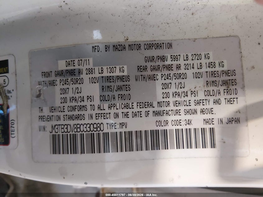 2011 Mazda Cx-9 VIN JM3TB3DV8B0330980 IAAI salvage auction — NORMAL WEAR, Clear (Delaware), sold $400 on 2026-07-30 (photo 9)