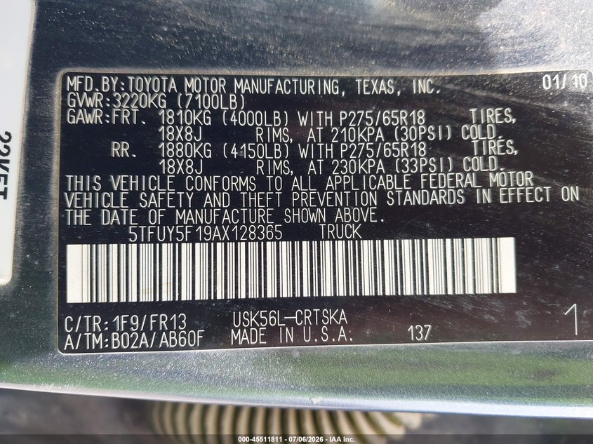2010 Toyota Tundra VIN 5TFUY5F19AX128365 IAAI salvage auction — NORMAL WEAR, Original (Maine), sold $1,900 on 2026-07-30 (photo 9)