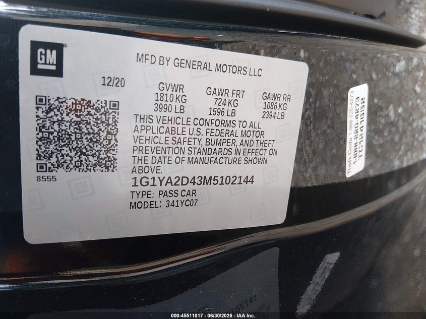 2021 Chevrolet Corvette VIN 1G1YA2D43M5102144 IAAI salvage auction — FRONT & REAR, Salvage Title, sold $26,700 on 2026-09-09 (photo 9)