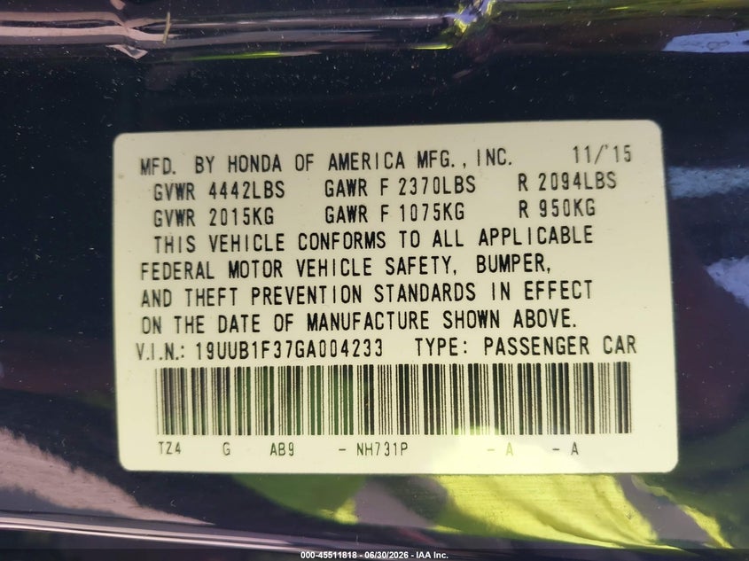 2016 Acura Tlx VIN 19UUB1F37GA004233 IAAI salvage auction — NORMAL WEAR, Clear (Maryland), sold $3,050 on 2026-07-17 (photo 9)