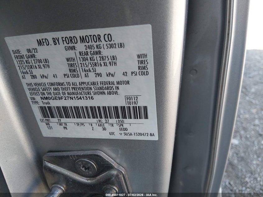2022 Ford Transit connect VIN NM0GE9F27N1541316 IAAI salvage auction — FRONT END, Clear (Pennsylvania), sold $3,600 on 2026-07-15 (photo 9)