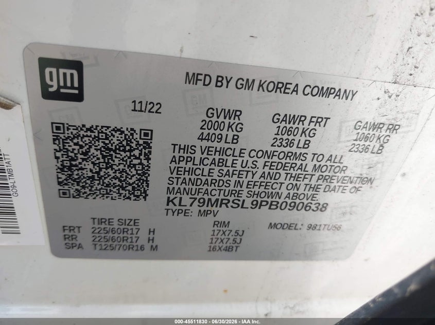 2023 Chevrolet Trailblazer VIN KL79MRSL9PB090638 IAAI salvage auction — FRONT END, Clear (New Jersey), sold $1,450 on 2026-07-20 (photo 9)
