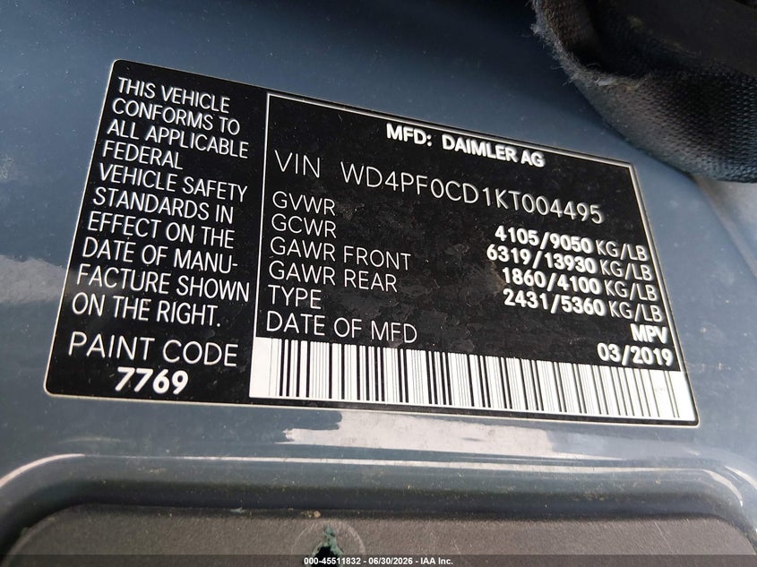 2019 Mercedes-benz Sprinter VIN WD4PF0CD1KT004495 IAAI salvage auction — LEFT & RIGHT, Clear (New Jersey), sold $5,300 on 2026-07-20 (photo 9)