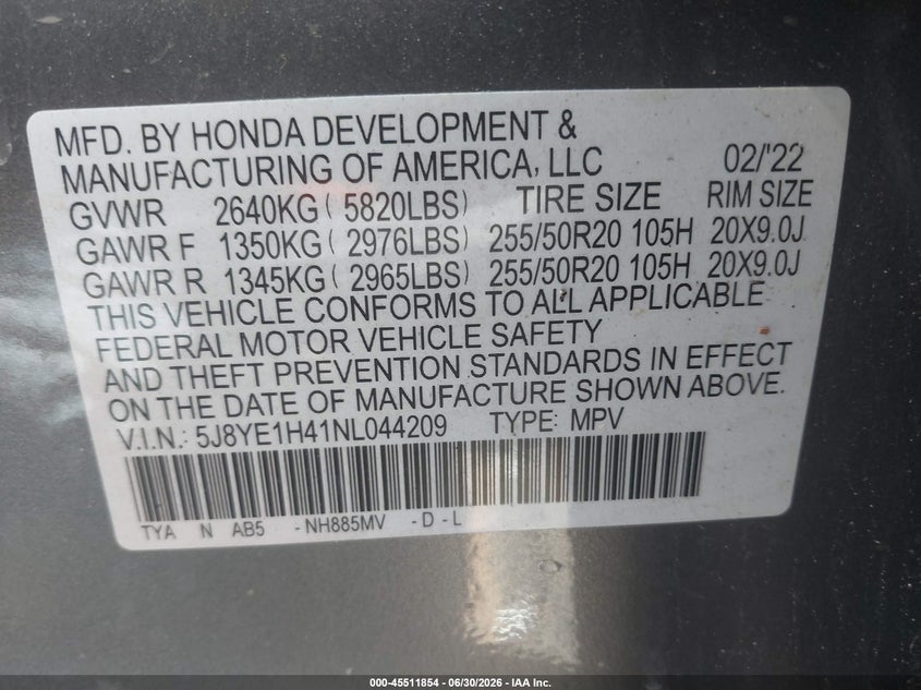2022 Acura Mdx VIN 5J8YE1H41NL044209 IAAI salvage auction — RIGHT FRONT, Salvage Title, sold $7,150 on 2026-08-22 (photo 9)